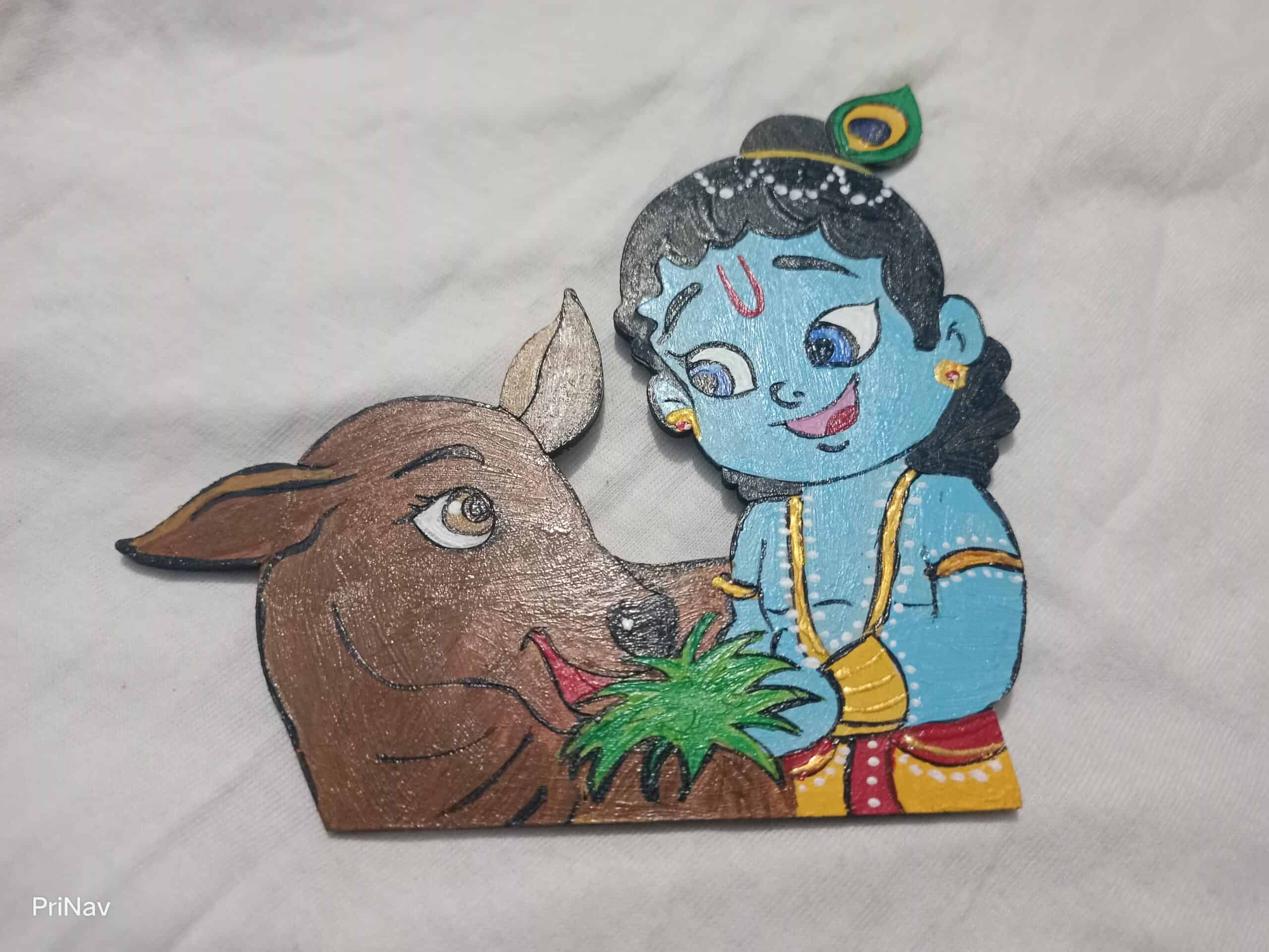 Hand Painted Bal Krishna With Cute Calf Fridge Magnet - mintorie