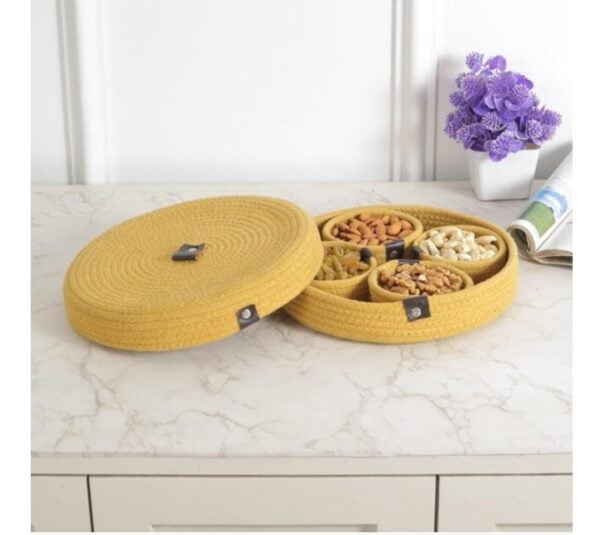 Woven Cotton Rope Dry Fruit Storage Organizer - 4 Bowls | Yellow