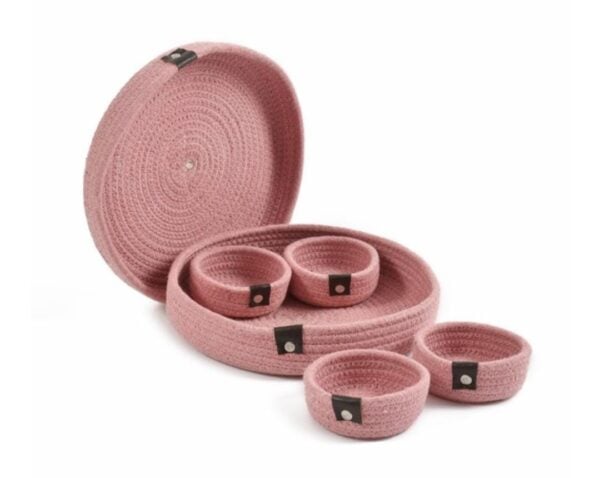 Natural Cotton Rope Dry Fruit Storage Tray with 4 Bowls | Pink