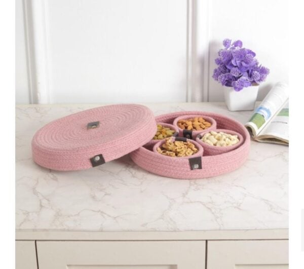 Natural Cotton Rope Dry Fruit Storage Tray with 4 Bowls | Pink - Image 2