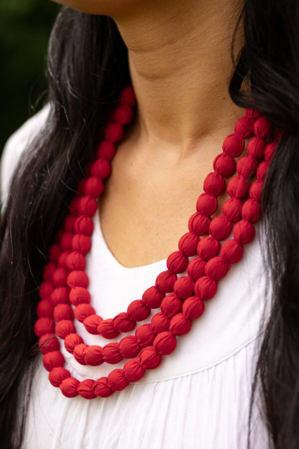 Handcrafted Large Multi layer Red Fabric Necklace - Image 2