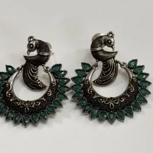 Peacock Design Chandbali in Green Stones