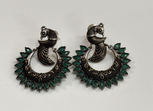 Glamvila Peacock Design Chandbali in Green Stones