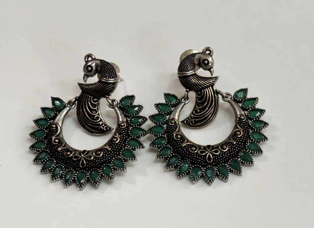 Peacock Design Chandbali in Green Stones