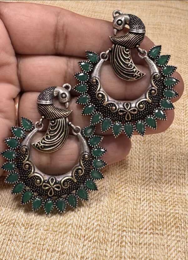 Glamvila Peacock Design Chandbali in Green Stones - Image 2