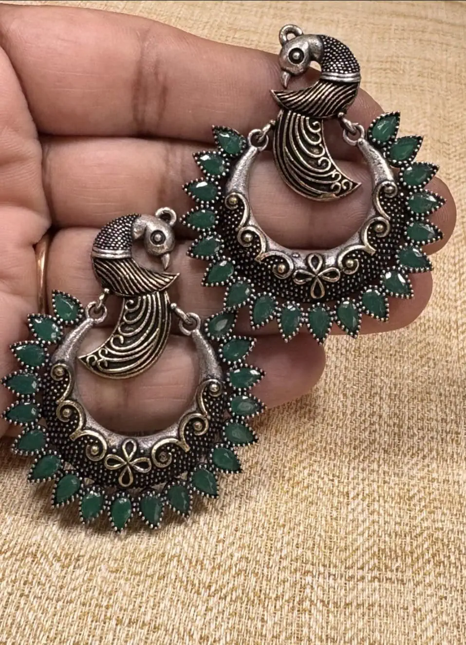 Peacock Design Chandbali in Green Stones - Image 2