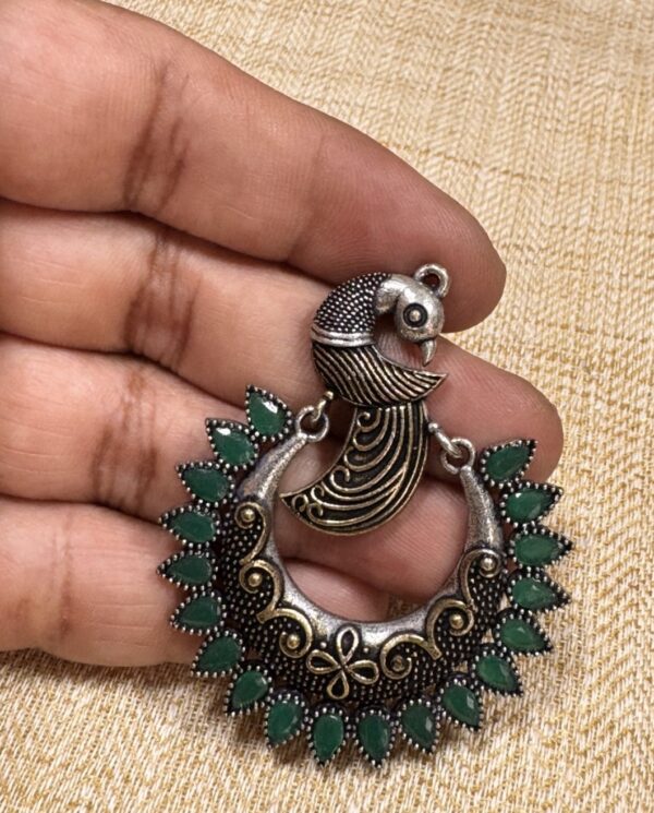 Glamvila Peacock Design Chandbali in Green Stones - Image 3