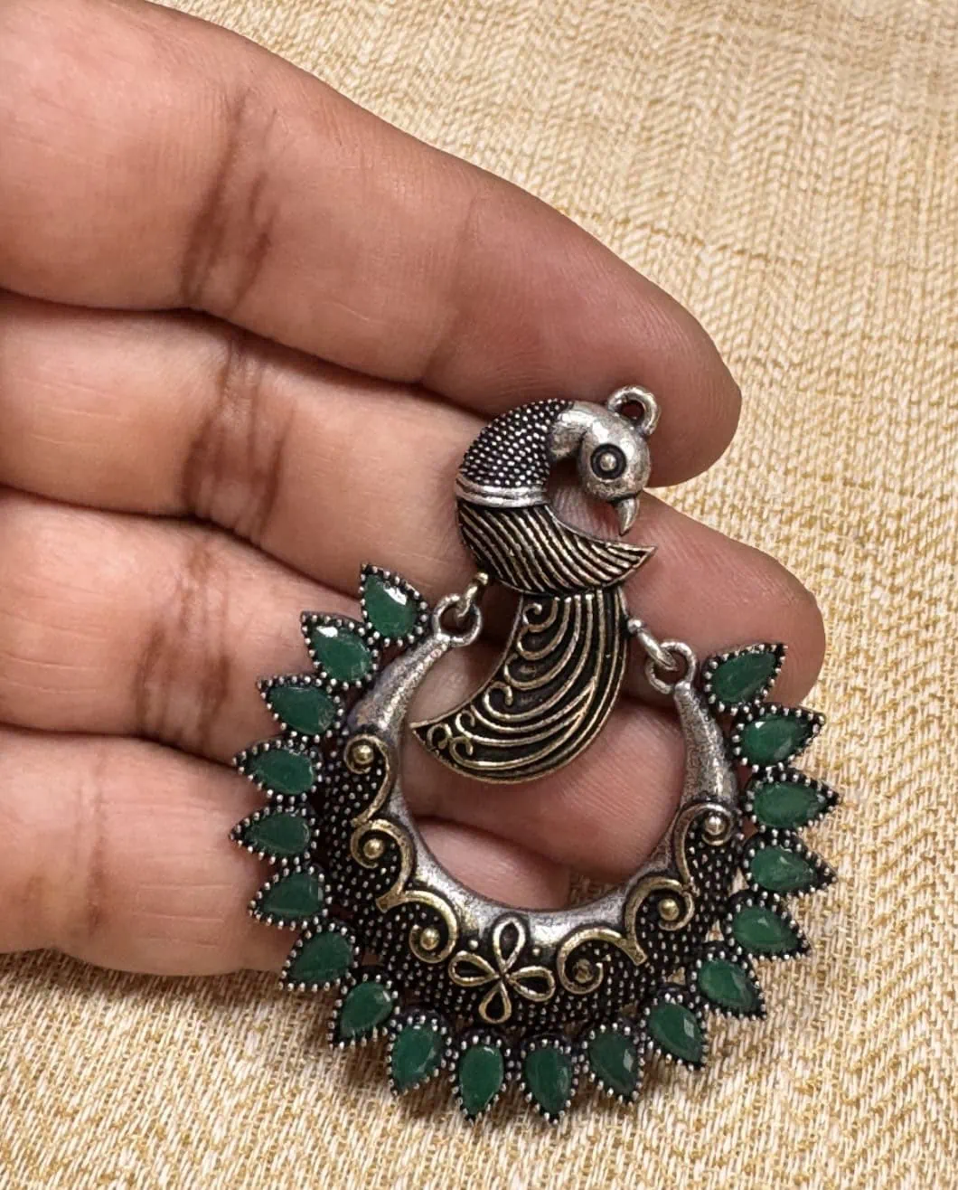 Peacock Design Chandbali in Green Stones - Image 3