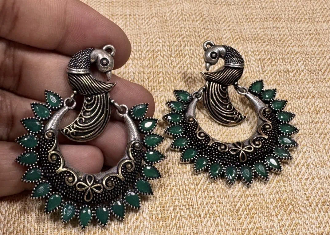 Peacock Design Chandbali in Green Stones - Image 4